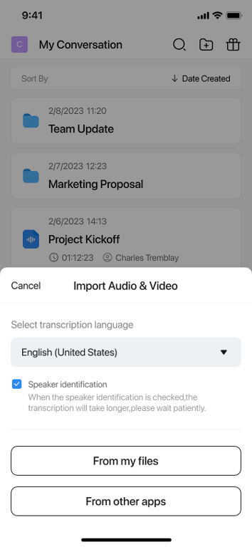 Notta mobile screen showing the audio and video import option