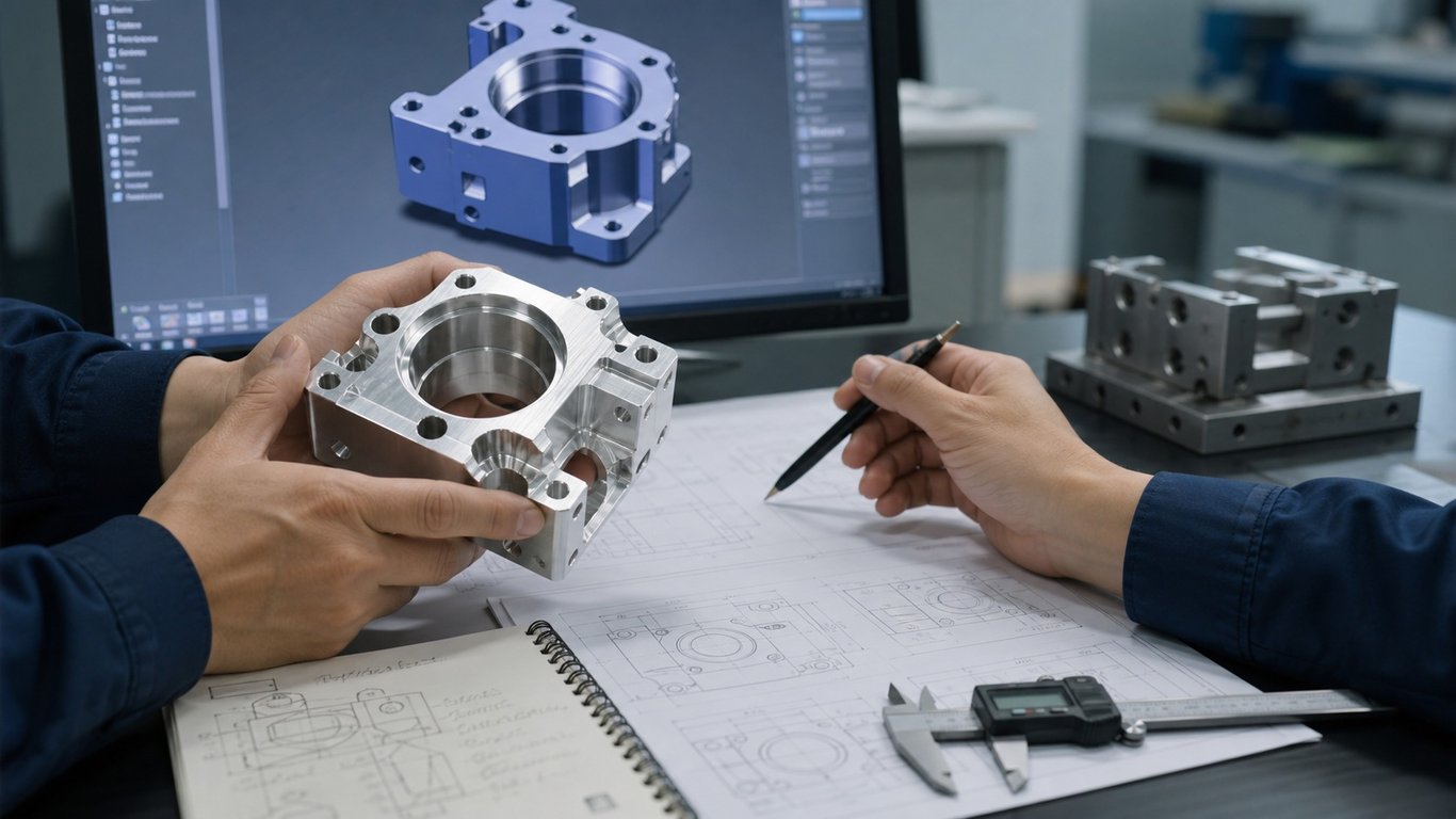 Engineer comparing an aluminum workpiece with a CAD model and engineering drawing