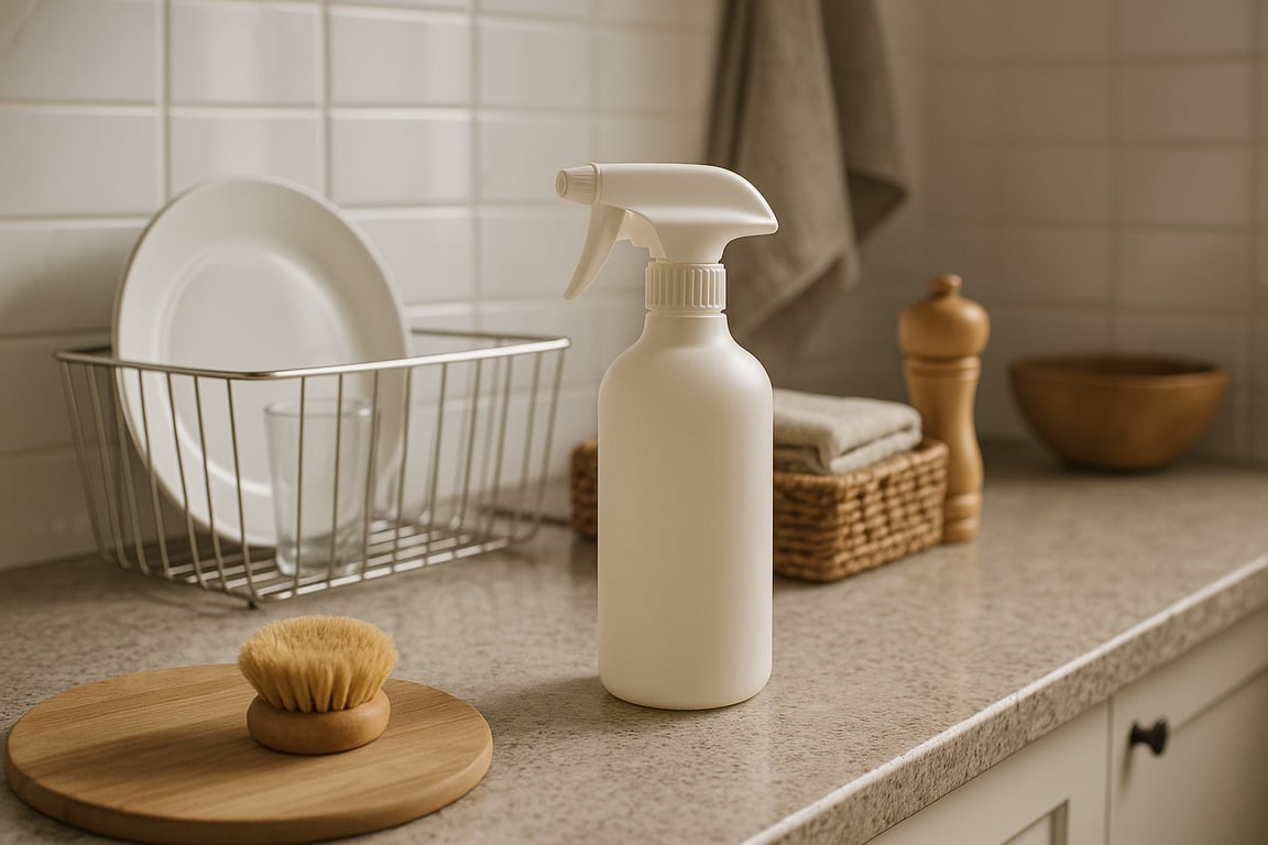 A collection of private label household products including cleaning supplies, storage bins, and home decor items branded for a modern retail environment.