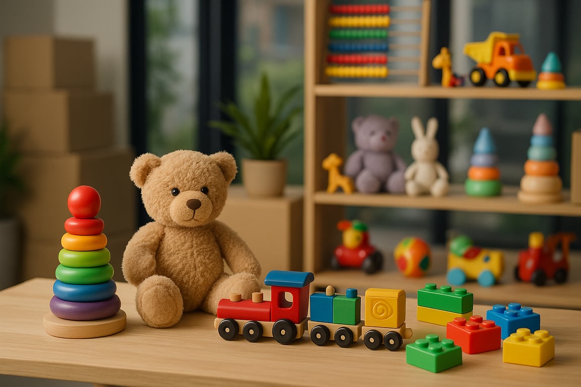 Wholesale toy supplier warehouse featuring organized shelves of colorful toy packaging, action figures, and educational kits ready for global distribution to retailers.