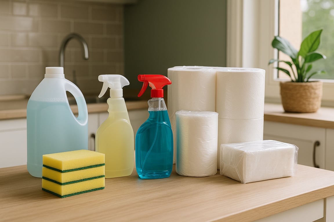 A wide variety of bulk household supplies including cleaning tools, storage bins, laundry baskets, and home organization products displayed in a modern warehouse setting.