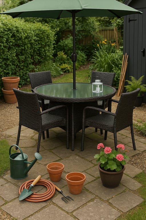 Outdoor garden products supplier displaying premium patio furniture, solar garden lights, watering cans, and decorative planters in a lush backyard environment.