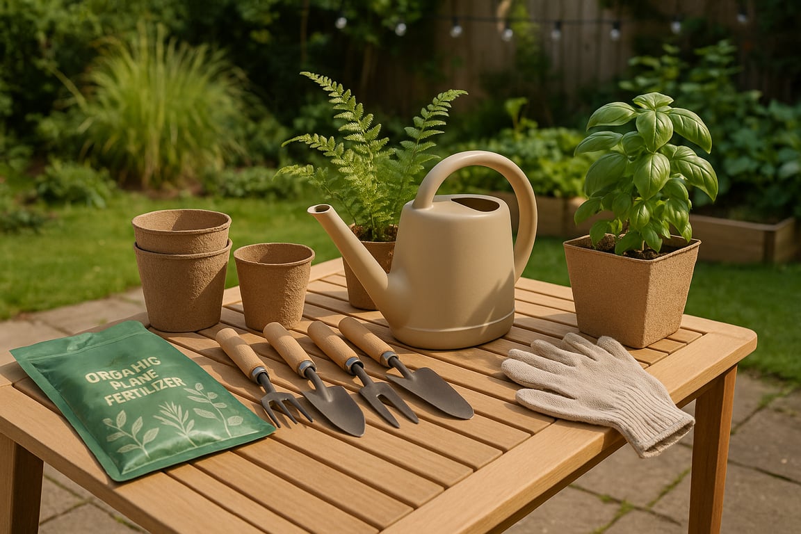 Eco-friendly garden products supplier showcasing biodegradable pots, organic soil, sustainable gardening tools, and various plants in a vibrant, sunlit garden setting.