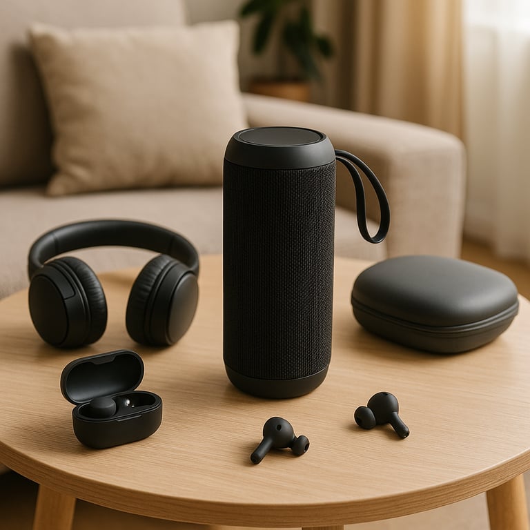 Professional audio devices wholesale display featuring wireless headphones, Bluetooth speakers, earbuds, and high-fidelity audio equipment in a modern tech showroom.