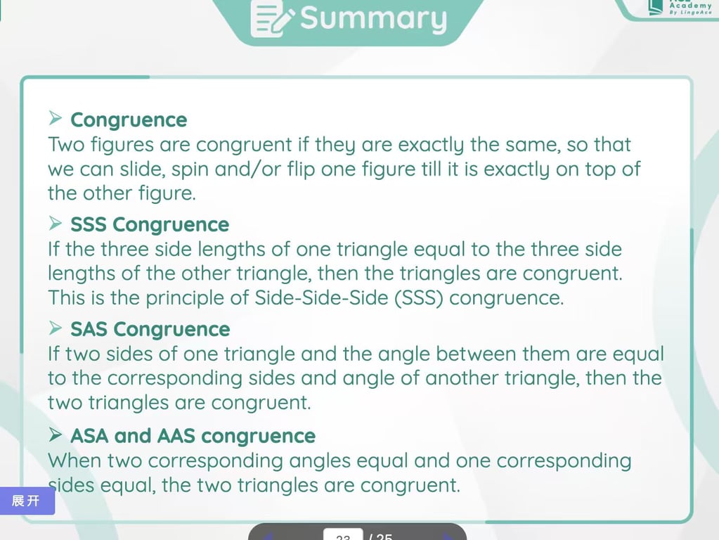 ACE Academy triangle congruence summary showing SSS, SAS, ASA, and AAS