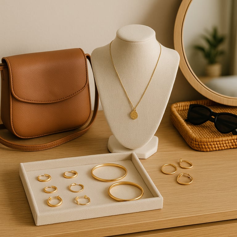 Professional accessories supplier for brands showcasing a variety of fashion accessories, leather goods, and jewelry samples in a modern showroom environment.