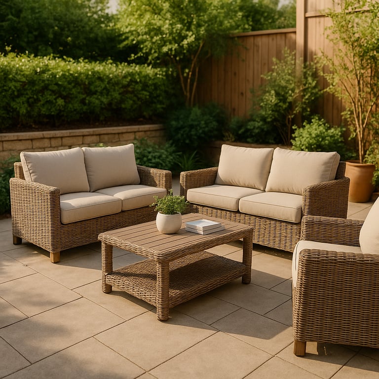 Modern patio furniture wholesale display showing aluminum lounge chairs, outdoor sectional sofas, fire pit tables, and weather-resistant cushions in a contemporary garden patio.