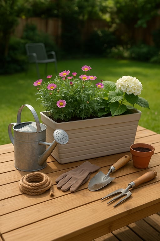 Private label garden products supplier displaying a variety of gardening gloves, hand trowels, pruning shears, watering cans, and small potted plants on a rustic wooden table, ready for branding.
