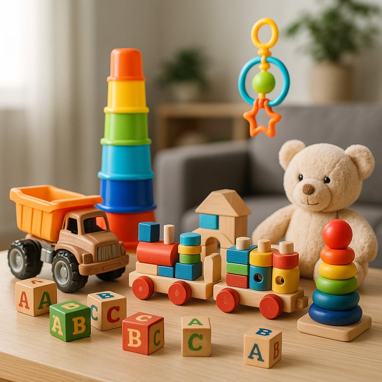 Wholesale toy supplier showcasing a diverse range of toys including plush animals, building blocks, action figures, educational games, and remote-control cars, neatly arranged on shelves in a modern retail store setting.