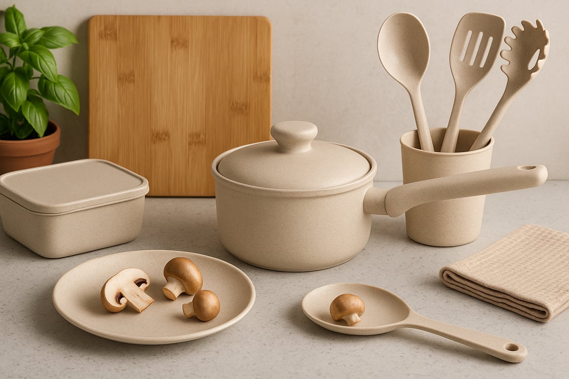 Eco-friendly kitchenware supplier showcasing bamboo cutting boards, silicone utensils, glass food storage containers, and reusable produce bags on a minimalist kitchen counter, emphasizing sustainable living.