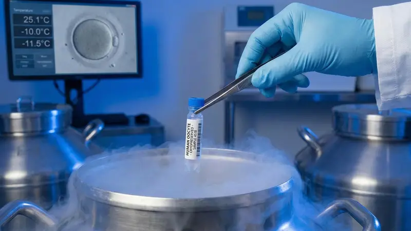 Vitrified frozen eggs stored in liquid nitrogen tanks
