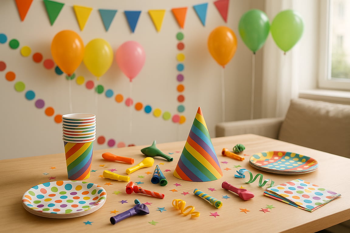 A vibrant display of assorted party supplies including balloons, streamers, confetti, party hats, and decorative tableware, showcasing a festive and celebratory atmosphere.