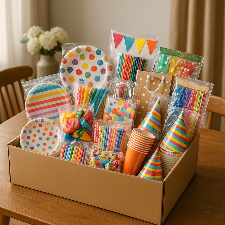 Retail-ready party supplies in bulk, featuring eco-friendly paper plates, napkins, party hats, and decorative backdrops for various celebrations.