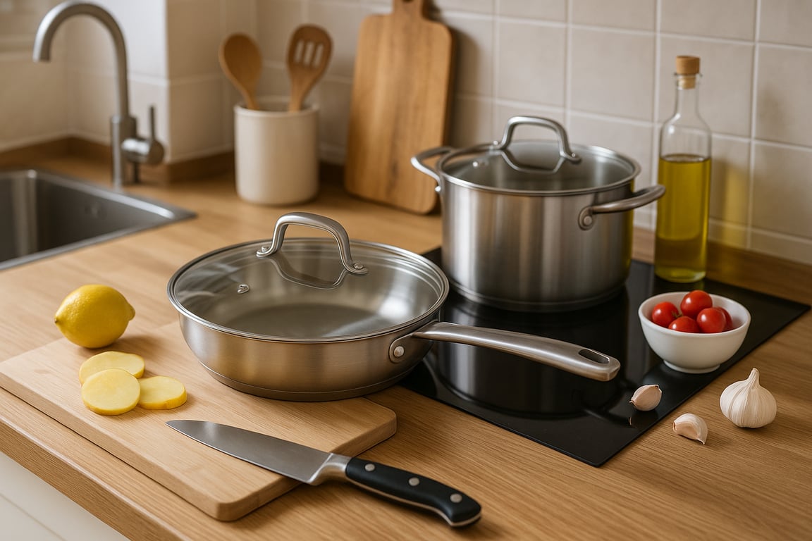 Diverse range of kitchenware products sourced from China, including stainless steel cookware, non-stick pans, and utensils, ready for global distribution.