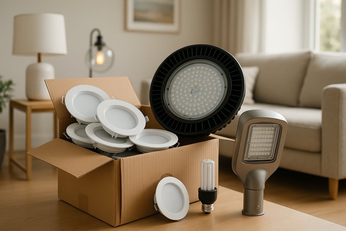 Modern LED lighting fixtures, including recessed lights, track lighting, and pendant lights, illuminating a contemporary architectural space, showcasing bulk lighting products for projects.