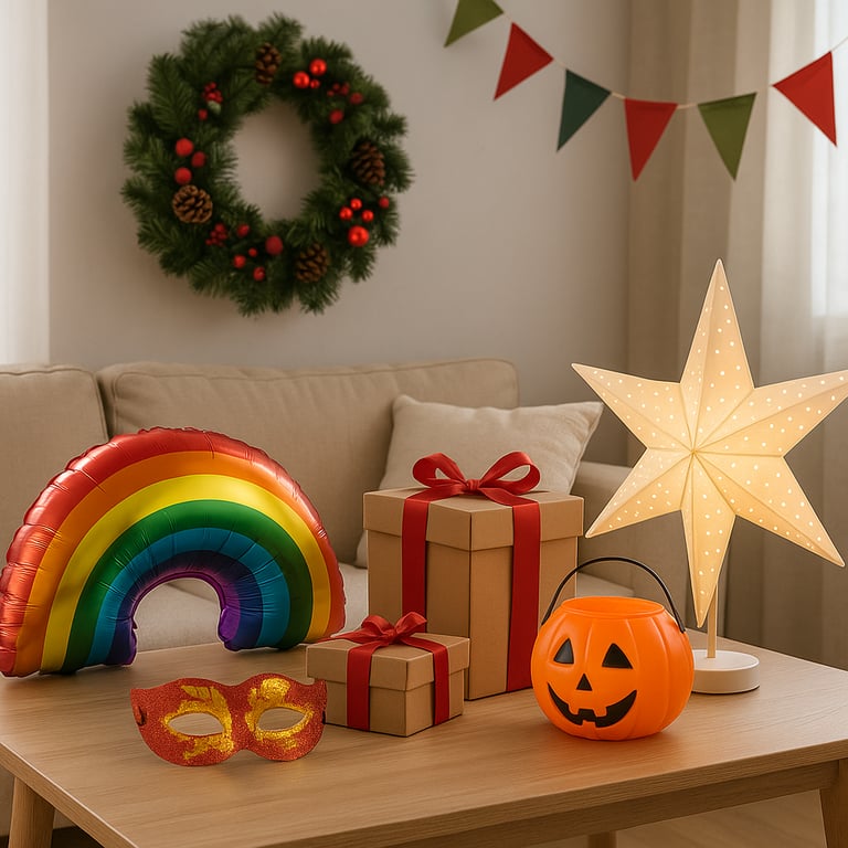 Wholesale festival decoration factory showcasing a vibrant assortment of holiday ornaments, party supplies, string lights, and seasonal decor items arranged for display.
