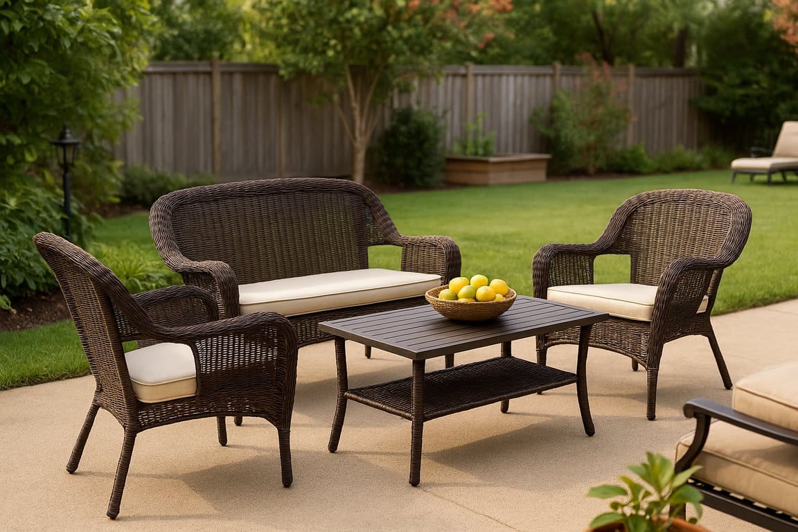 Close-up of various garden furniture materials and components, including wicker, metal frames, cushions, and wood, highlighting the quality and diversity of OEM manufacturing options.