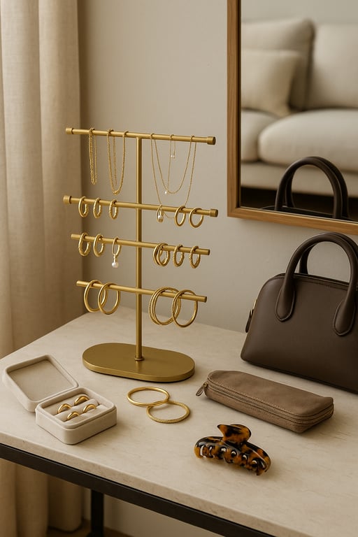 Wholesale jewelry and accessories supplier displaying a collection of elegant rings, bracelets, and earrings made from various materials like sterling silver, gold-plated, and stainless steel, arranged for a product photoshoot.