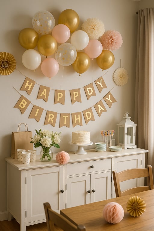 A vibrant display of various event decorations including colorful balloons, streamers, party hats, confetti, and festive tableware arranged for a celebration, showcasing a wide range of party supplies.