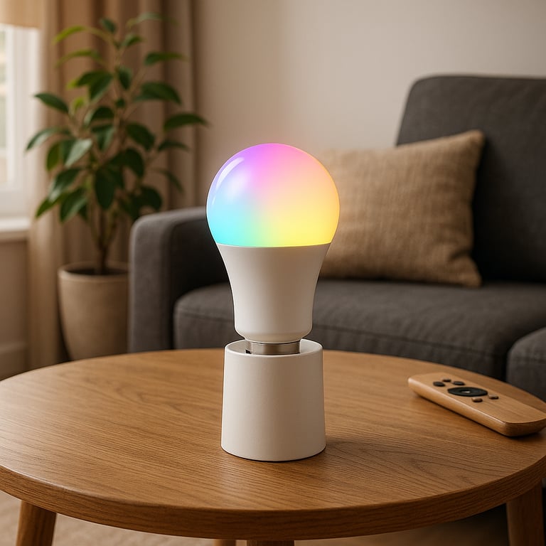Smart lighting OEM supplier showcasing a modern smart home setup with various smart bulbs, LED strips, and integrated lighting controls, emphasizing connectivity and energy efficiency.