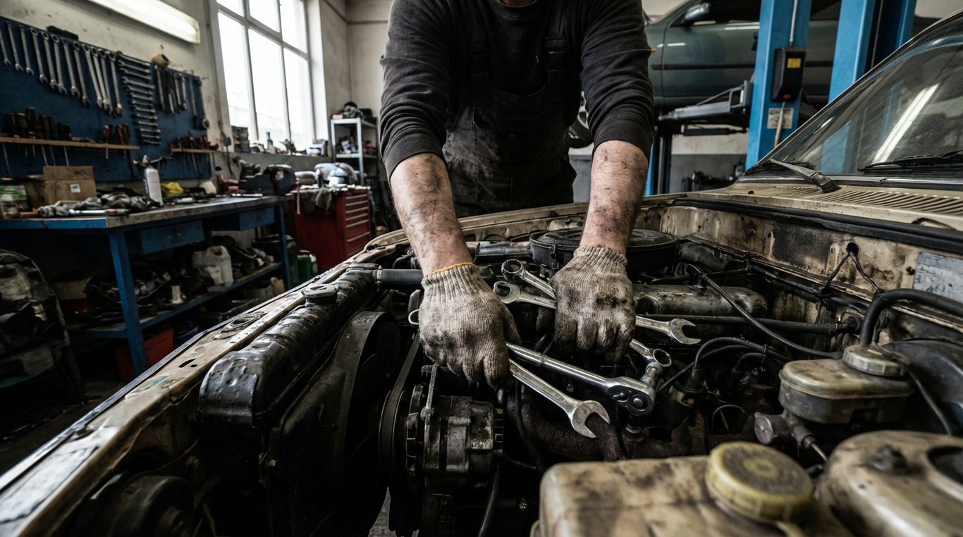 Mechanic repairing a car engine
