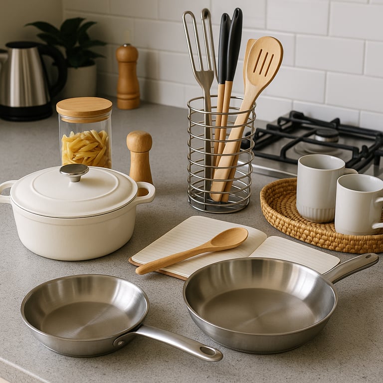 Display of finished products from kitchenware manufacturers including non-stick frying pans, chef knives, cutting boards, and stainless steel utensils in a modern kitchen setting.