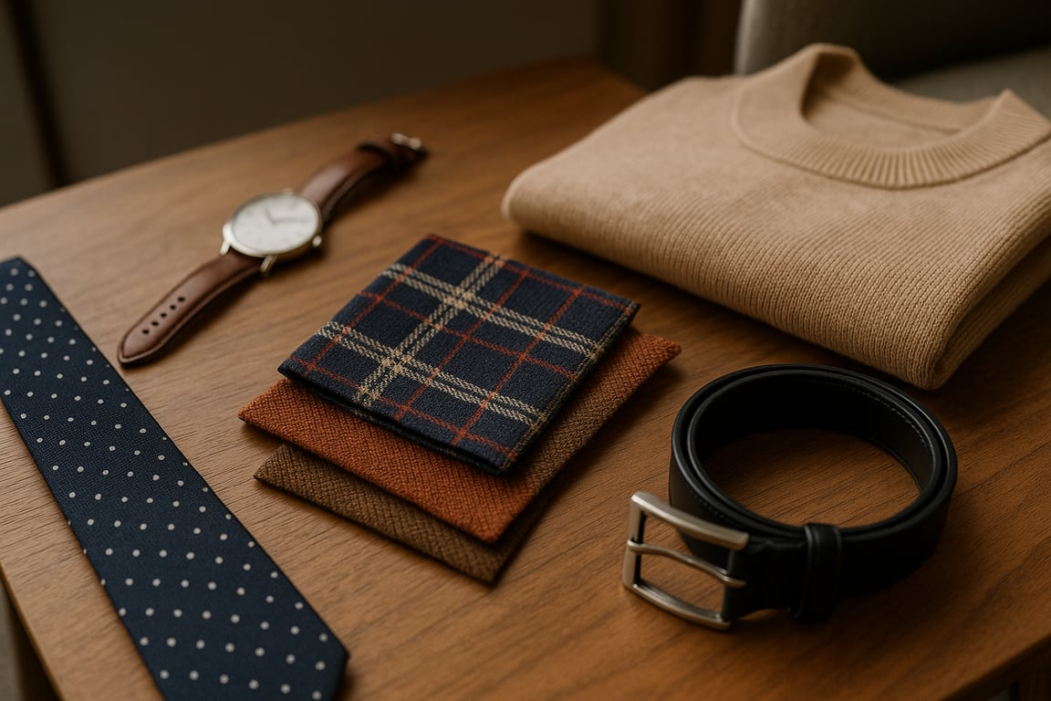 A collection of custom clothing accessories including embroidered patches, metal buttons, woven labels, and designer zippers displayed on a professional garment design table.