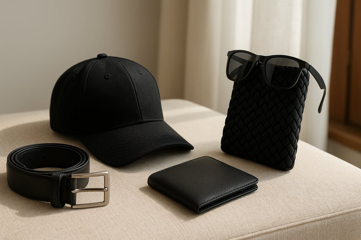 Close-up of various clothing accessories like watches, bracelets, sunglasses, and small leather goods, arranged neatly to showcase quality and variety for global sourcing from China.