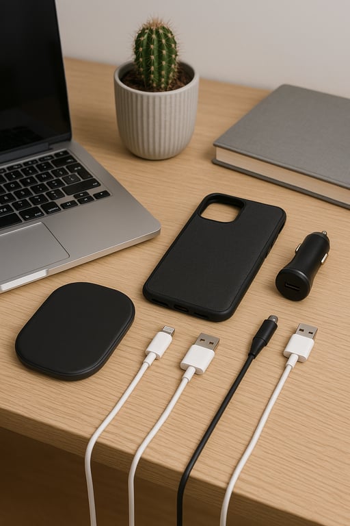 Wholesale mobile accessories supplier displaying a variety of wireless earbuds, portable speakers, smartwatches, and other electronic gadgets on a clean, minimalist background.