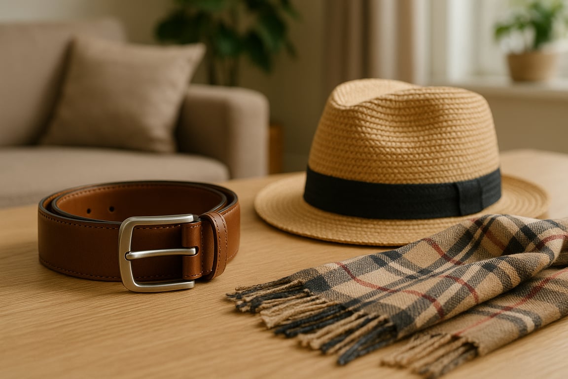 Wholesale belts, hats, and scarves supplier showcasing a variety of leather belts, knitted beanies, baseball caps, and silk scarves arranged neatly on display shelves in a modern showroom.
