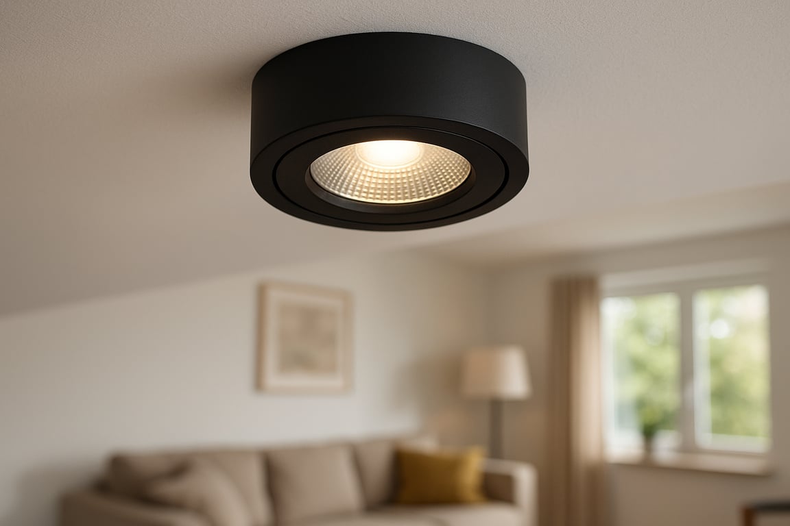 Commercial lighting supplier showcasing high-bay LED lights, architectural fixtures, and smart lighting control systems in a modern industrial warehouse setting.