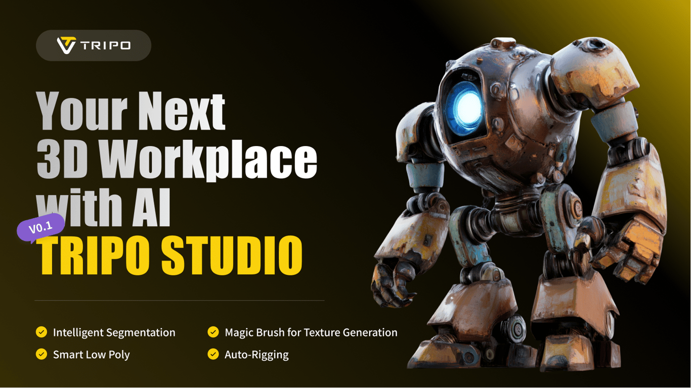 Promotional banner for Tripo Studio with a stylized robot and features like Intelligent Segmentation, Magic Brush for Texture Generation, and Auto-Rigging. Image height is 506 and width is 900