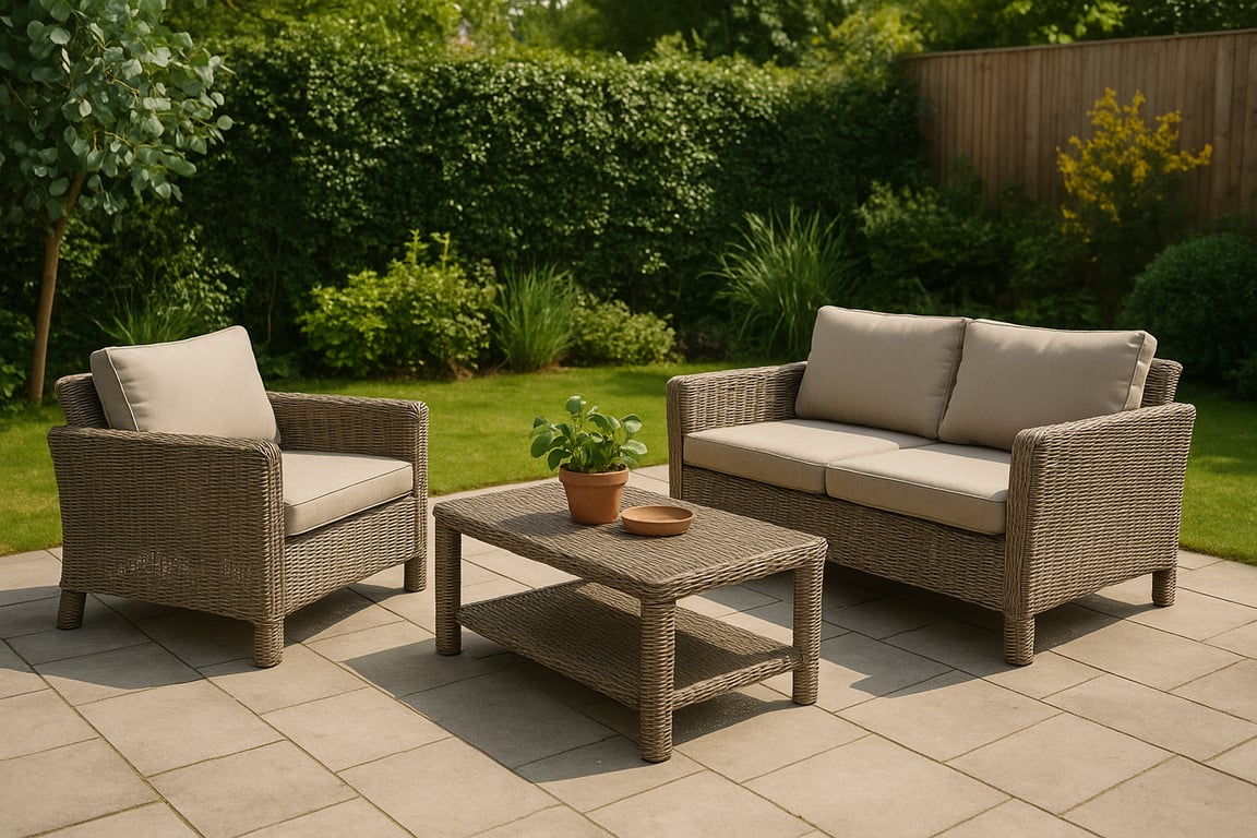 Professional garden furniture manufacturer showcasing premium outdoor patio sets, including wicker sofas, teak tables, and weather-resistant cushions in a luxury garden setting.
