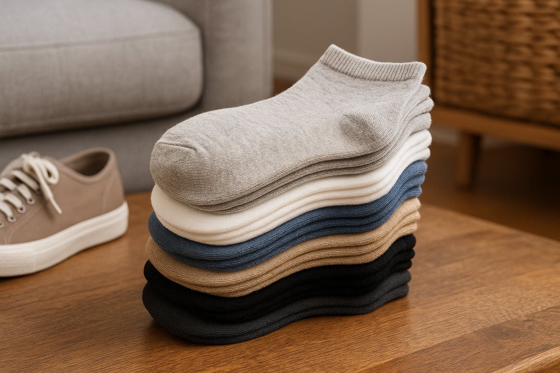 A diverse collection of wholesale socks, including athletic socks, dress socks, casual socks, and novelty designs, neatly folded and displayed on a clean surface, highlighting various colors, patterns, and materials like cotton, bamboo, and synthetic blends.