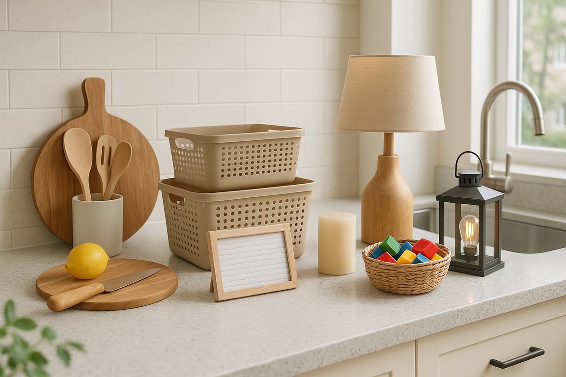 Diverse collection of household products from a China manufacturer, including kitchen gadgets, bathroom organizers, cleaning brushes, storage containers, and decorative home items, displayed in a modern, well-lit showroom.