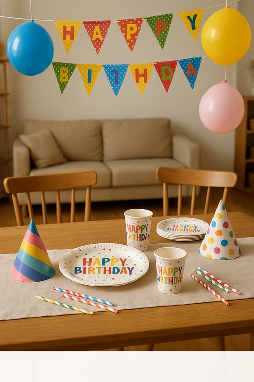 A vibrant display of custom party supplies including personalized banners, colorful balloons, themed tableware, and decorative centerpieces for a professional event setup.