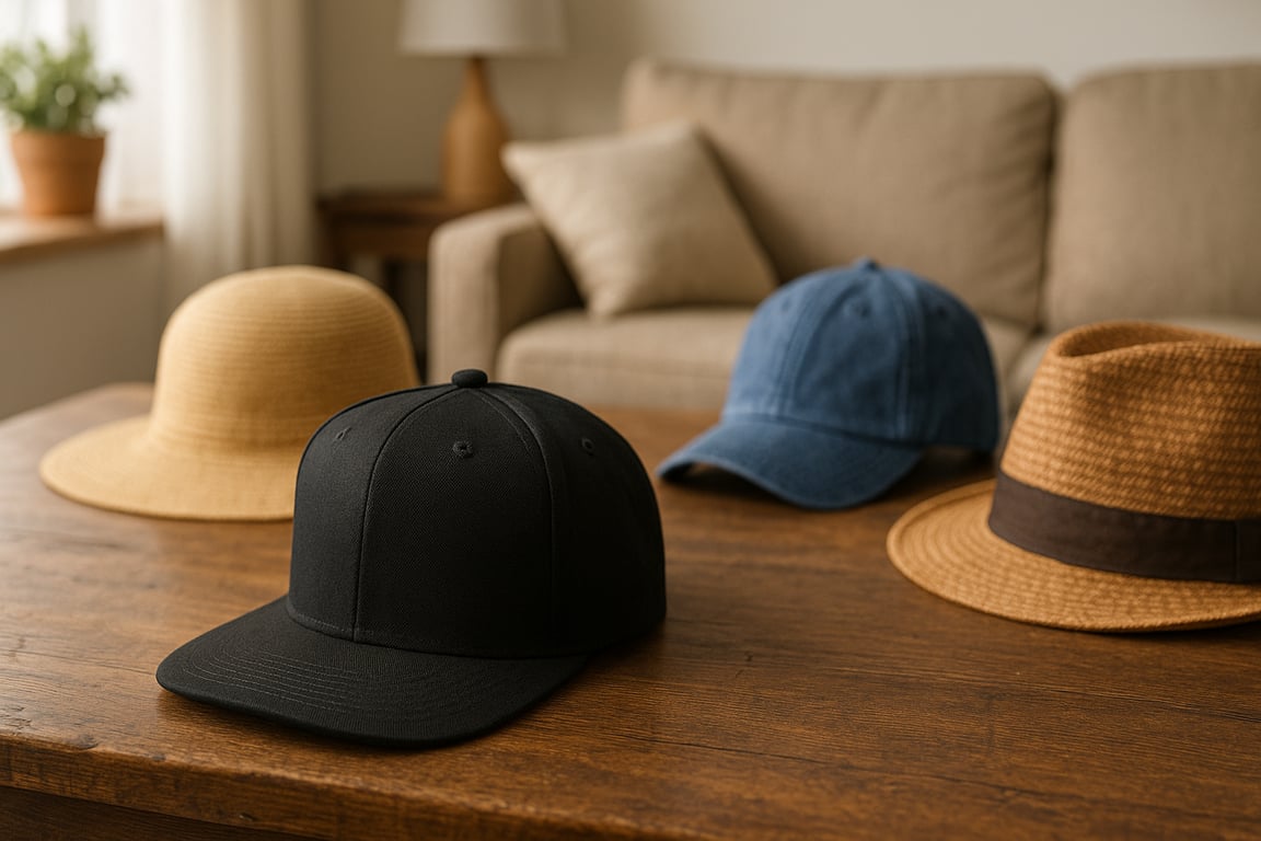 Wholesale hats supplier showcasing a diverse collection of baseball caps, beanies, fedoras, and sun hats in various colors and materials, arranged neatly on display shelves in a modern showroom.