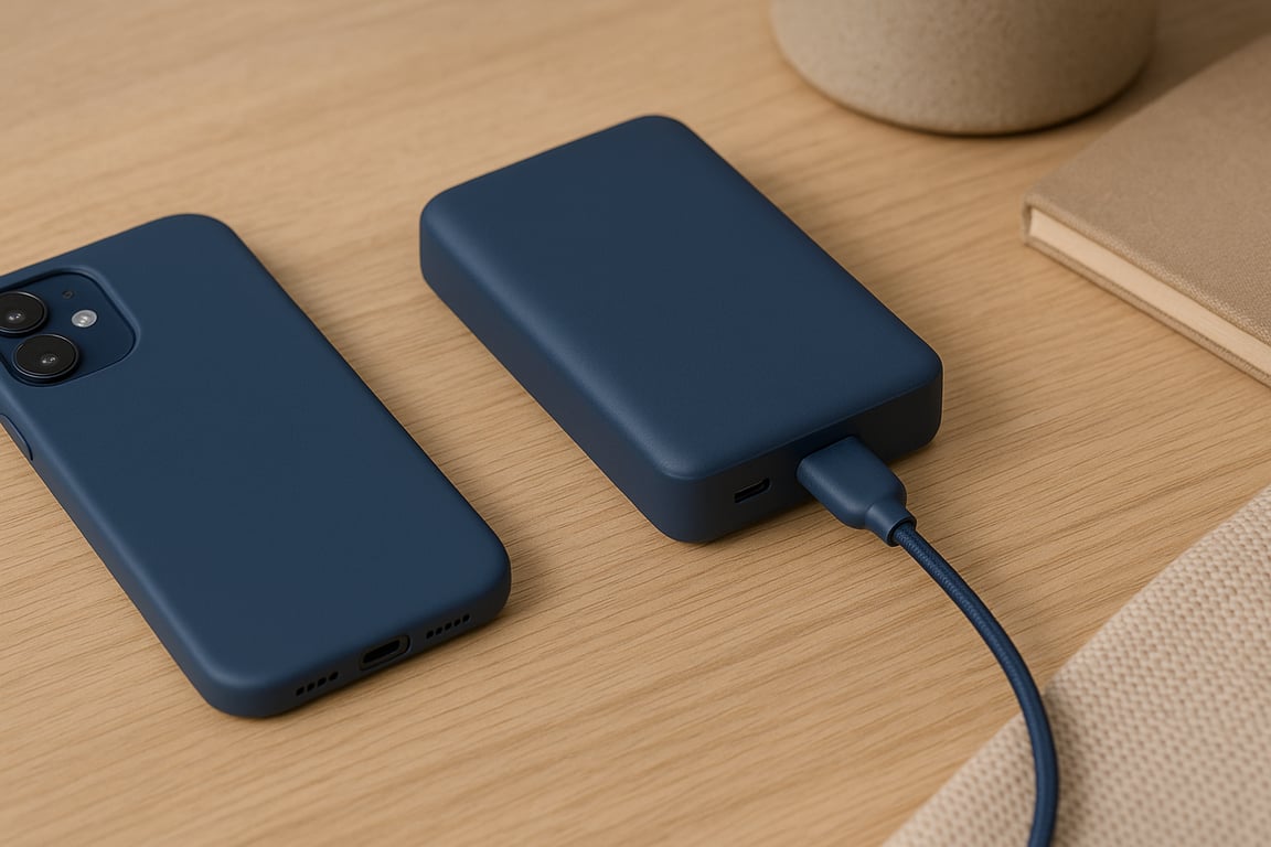 Custom mobile accessories supplier displaying a variety of phone cases, power banks, charging cables, and headphones in a bright, organized setting.