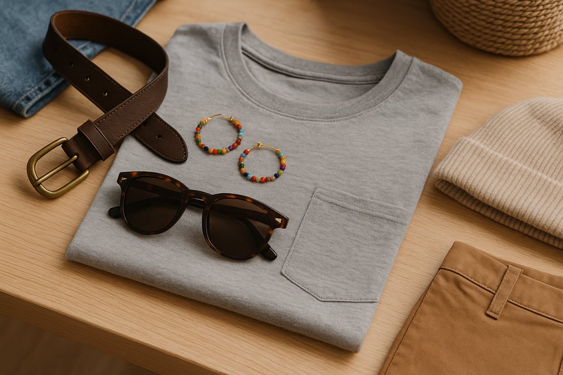 A variety of fashion accessories including leather belts, knitted hats, and metal buckles displayed in an OEM clothing accessories factory showroom.