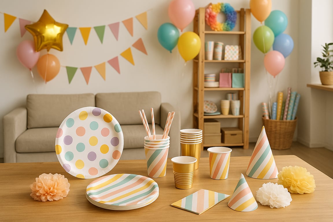 Wholesale party decor supplier showcasing colorful balloons, party hats, streamers, confetti, and festive tableware arranged for a celebration.