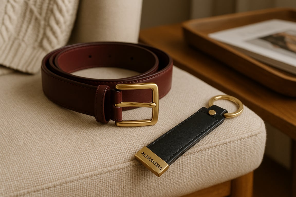 A collection of custom fashion accessories including gold-plated jewelry, designer handbags, silk scarves, and trendy sunglasses displayed in a professional showroom environment.