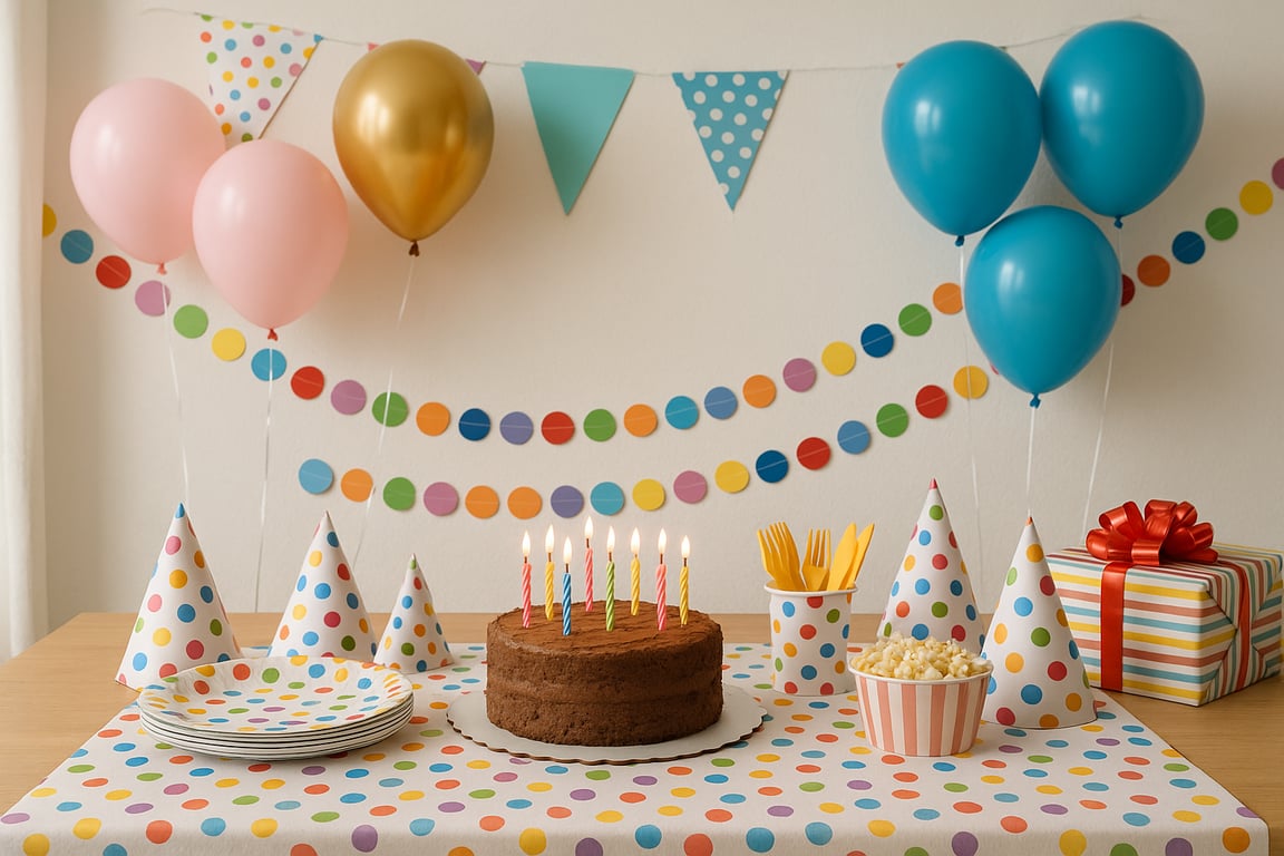 A professional team reviewing custom party supply prototypes, including branded packaging, festive decorations, and personalized party favors in a modern design studio.