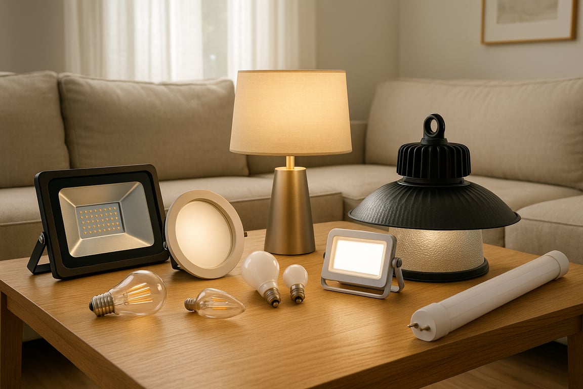 Bulk lighting products including LED panels, industrial high bay lights, decorative pendant lamps, and smart lighting solutions displayed in a professional showroom.