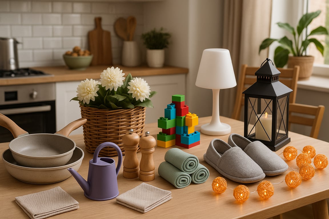 Wholesale household products supplier displaying a variety of bulk cleaning solutions, sponges, brushes, and other home essentials in a well-lit, organized retail environment.