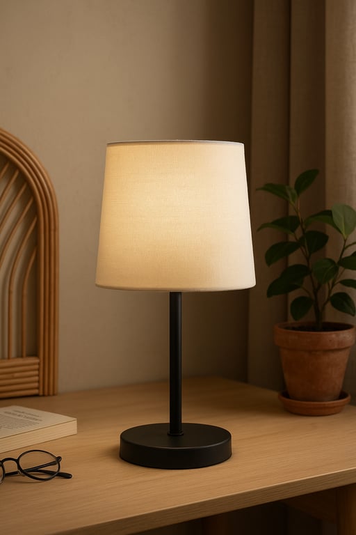 Private label lighting supplier displaying a variety of modern LED light bulbs, smart home lighting controls, and decorative lamps in a well-lit, minimalist studio setting.