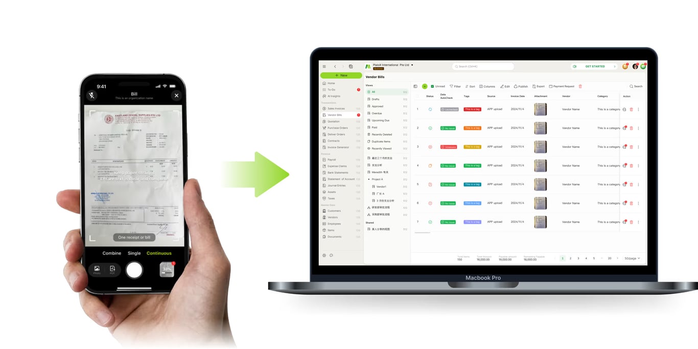 Invoice scanning workflow from a phone to a laptop vendor-bills table