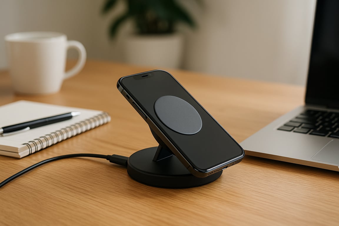 Modern wireless charging pad for smartphones, smartwatches, and earbuds, showcasing sleek design and efficient power delivery on a minimalist desk setup.