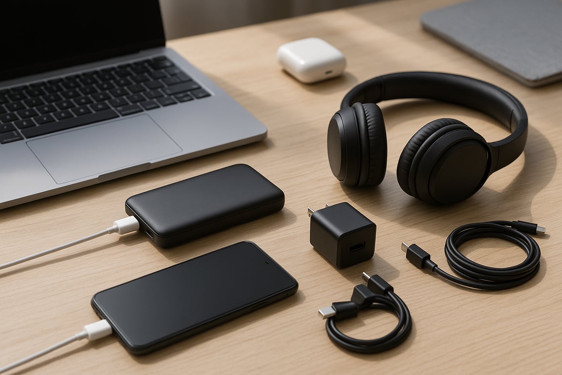 B2B electronics accessories supplier showcasing various tech gadgets like USB-C cables, power banks, wireless earbuds, phone cases, and smart home devices arranged neatly on a modern desk.