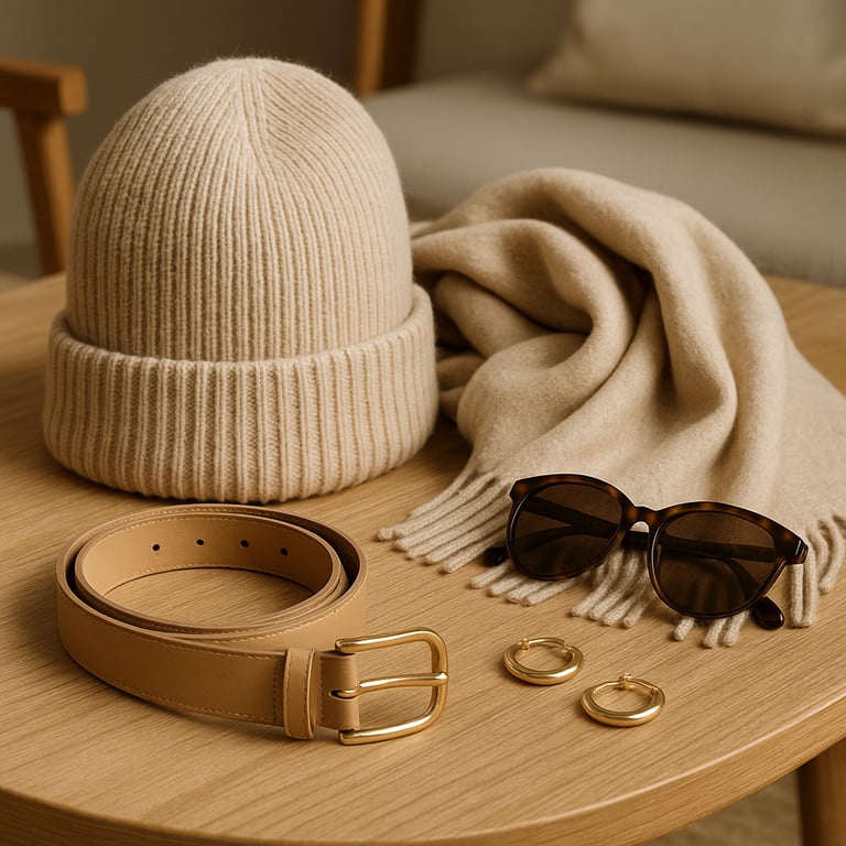 Private label clothing accessories supplier displaying a range of custom-designed belts, gloves, and small leather goods, highlighting material quality and craftsmanship in a studio setting.
