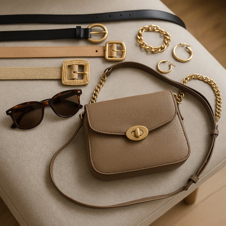 Fashion accessories manufacturer showcasing a diverse collection of handbags, scarves, jewelry, and hats on display in a modern showroom, emphasizing design and quality.